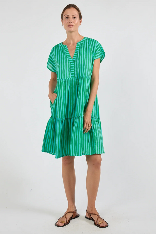 Ibisa Green Striped Cotton Knee Length Summer Dress with Tiered Skirt