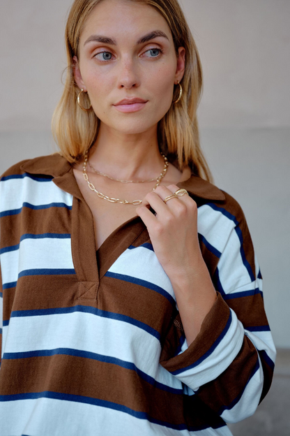 Ceres Life Shelby Slouchy Rugby Top - Toffee/White/Heritage Navy