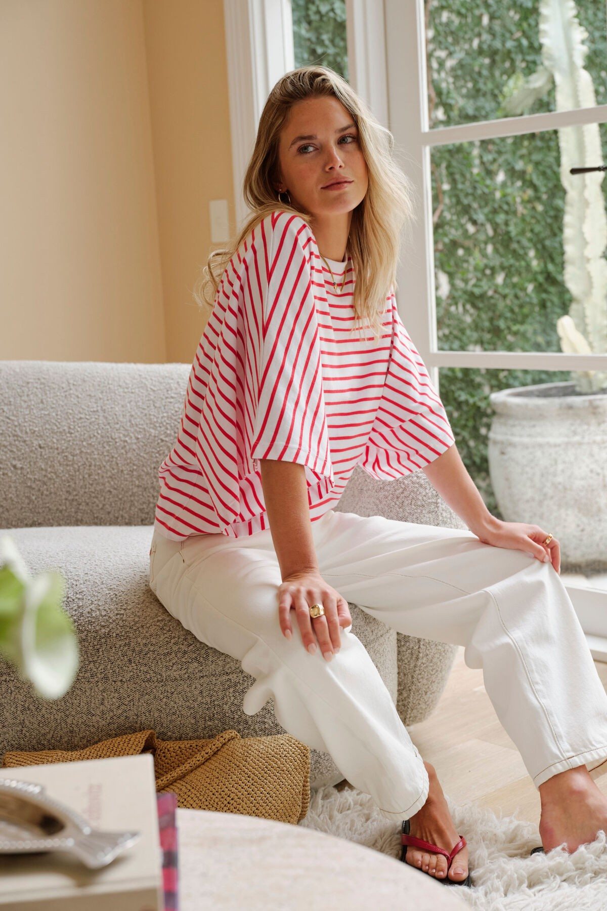 Ceres Life Lucy Relaxed Sleeve Tee - White/ Heritage Red Stripe